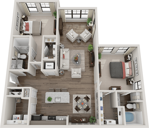 Floor plan for 2 beds, 2 baths, 1266 sqft